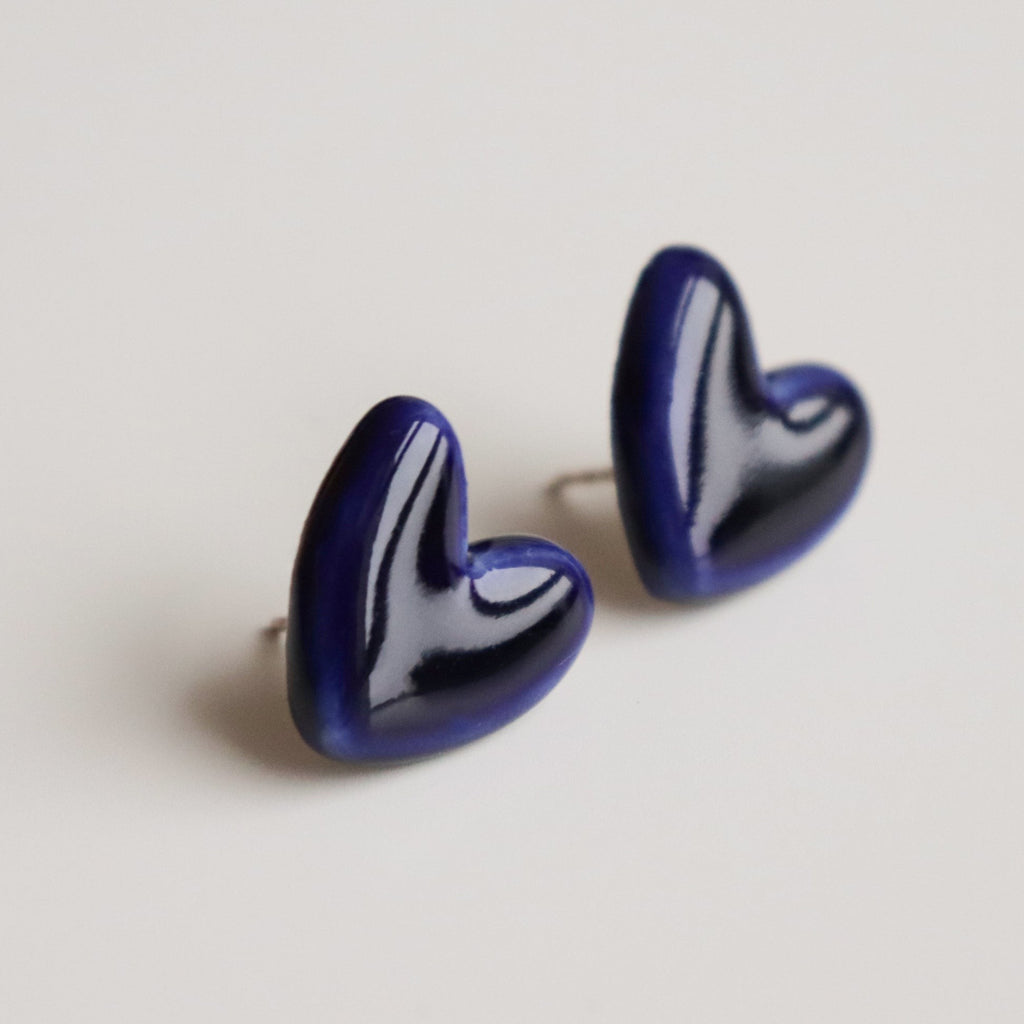 Porcelain Heart Studs -  Blue