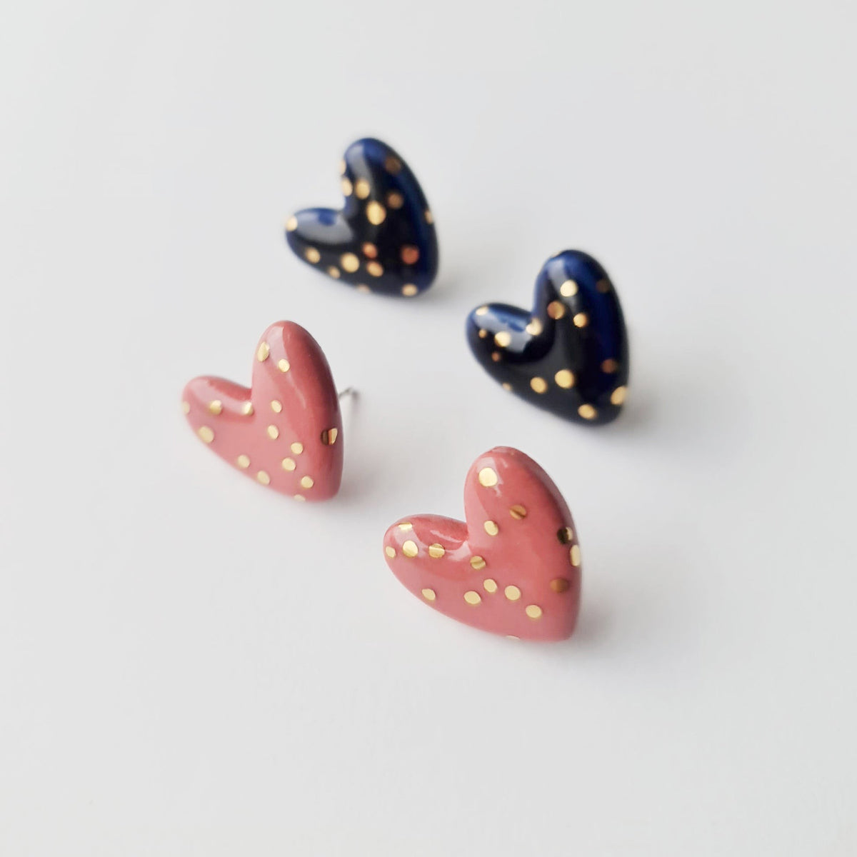 Dotted Porcelain Heart Studs -  Blue