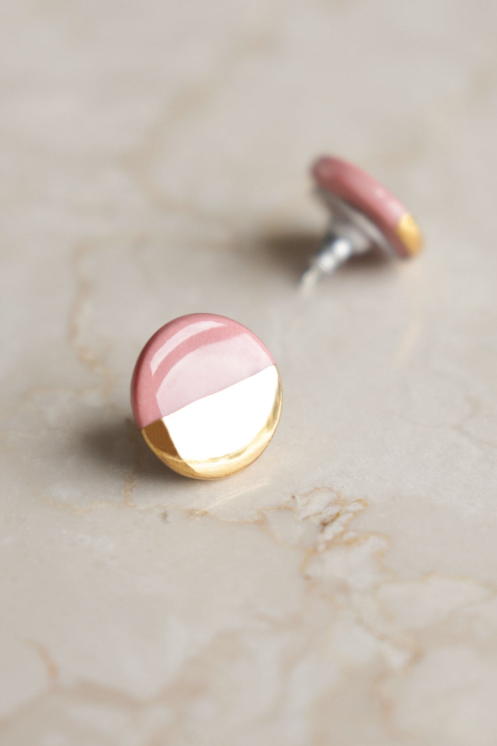Rozenthal Porcelain Round Stud Earrings - Pink and Gold
