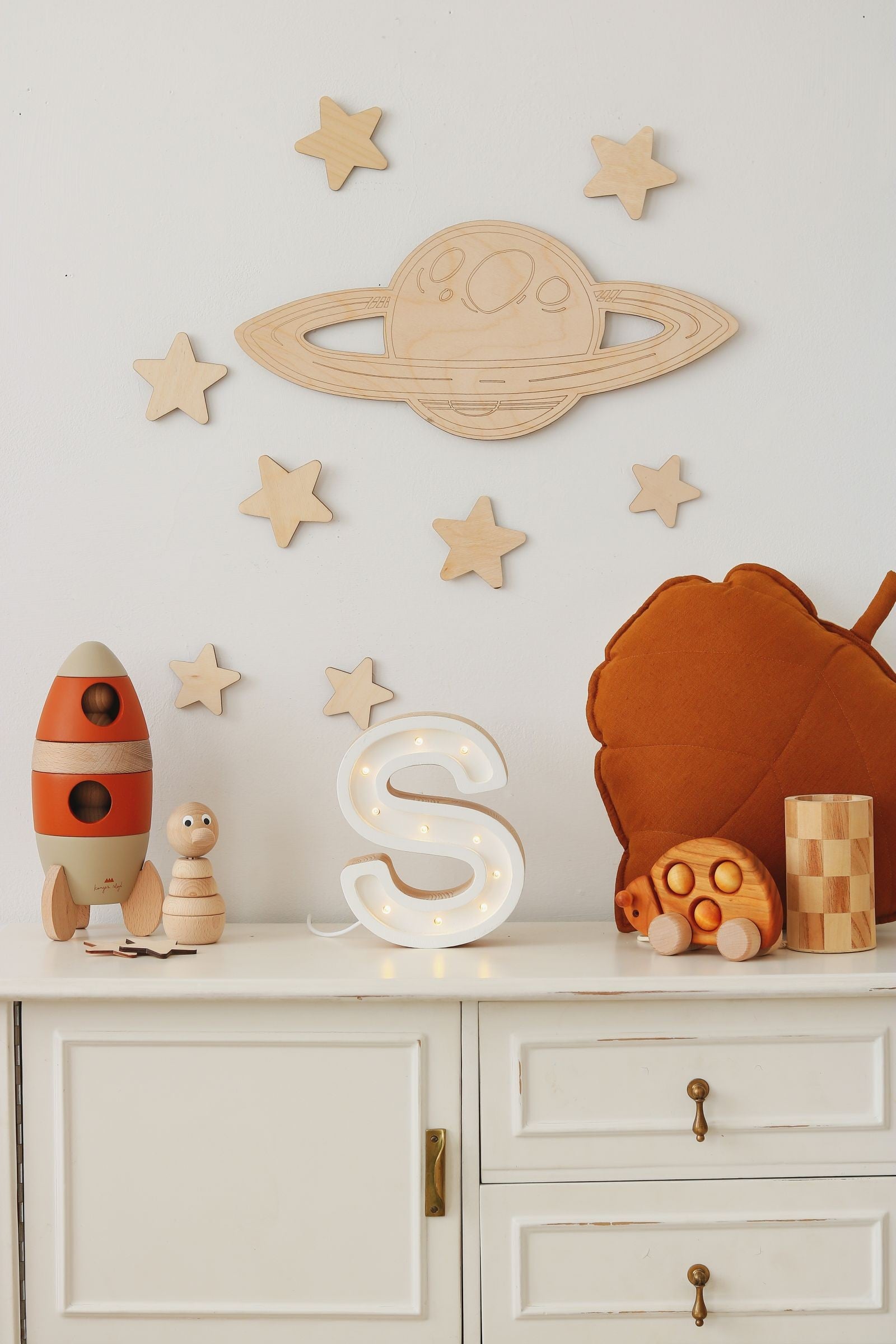 Wooden Wall Decoration - Moon, Saturn, Rocket & 10 Stars